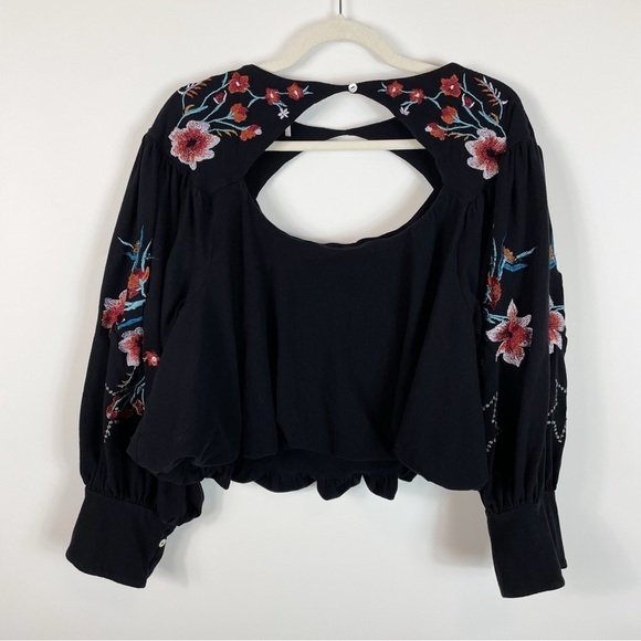 Free People Lita Embroidered Cut Out Long Sleeve Blouse Black - Picture 8 of 11